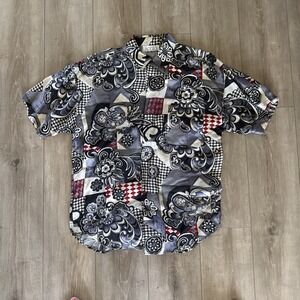 Aggio VTG 80s/90s Silk Button Down Geo Abstract Black White Red Men's L